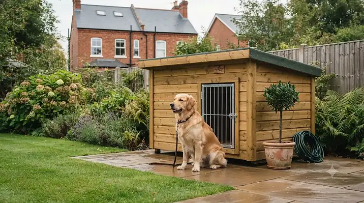 A large heavy duty wooden dog kennel set up in a British garden, offering durable shelter for a large dog. heavy duty wooden dog kennel