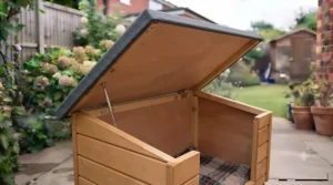 Open hinged roof on a wooden dog kennel allowing easy access for cleaning and bedding changes.