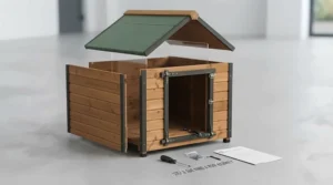 Step-by-step assembly guide illustrating tongue and groove panels being fitted together for an apex roof dog kennel.