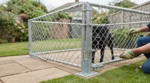 Step-by-step installation guide showing how to anchor a chain link dog run securely onto a concrete base.