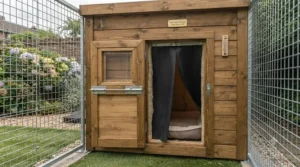 Insulated wooden dog kennel connected to a spacious exercise run, keeping multiple dogs warm and comfortable outdoors.