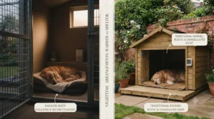 Cosy, insulated wooden sleeping kennel designed for comfortable overnight dog rest.