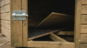 Raised floor design inside a heavy duty wooden dog kennel to keep the interior dry and draft-free on damp ground.