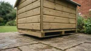 Side profile of a wooden dog kennel with a raised floor base to protect against damp ground and frost.
