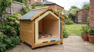 Cutaway view showing the insulated panels and draft-resistant interior of a wooden dog kennel for large dogs.