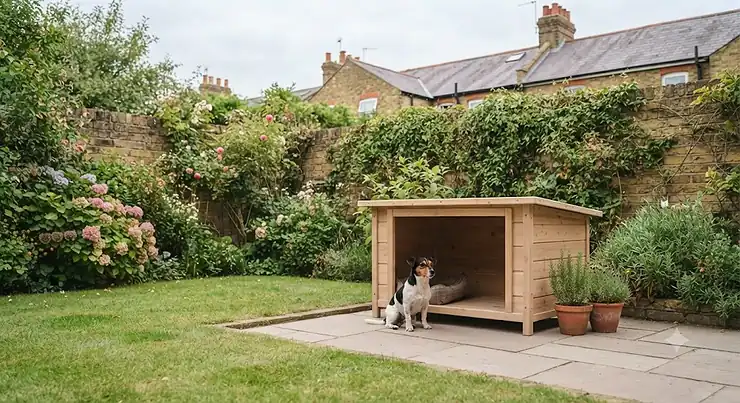 The cosy interior of a budget wooden dog kennel lined with a waterproof bed and blankets. cheap wooden dog kennel