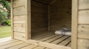 Spacious interior of a wooden dog kennel featuring a raised slatted floor for optimal airflow and insulation.