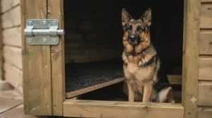 A large German Shepherd sitting comfortably outside a spacious heavy duty wooden dog kennel in a back garden.