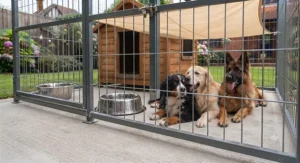 Two large dogs relaxing comfortably inside a spacious, secure outdoor dog pen.