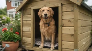 A large weatherproof wooden dog kennel appropriately sized for popular British dog breeds like Labradors.