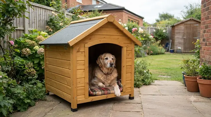A sturdy wooden dog kennel for large dogs set up in a back garden, providing weatherproof shelter for a pet. wooden dog kennel for large dogs