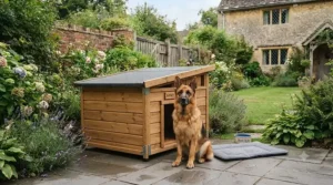 A large pent roof wooden kennel positioned on a patio, suitable for medium to large dog breeds.