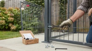Modular metal panels laid out for assembling a DIY covered dog run in a garden.