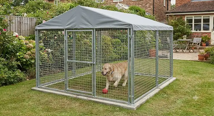 A secure modular dog run kit installed on a lawn in a British back garden, providing safe outdoor space for pets. modular dog run kits