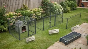 Diagram illustrating various modular layout options for a secure dog run to fit different garden sizes.