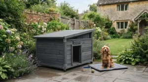 A pent roof wooden kennel treated with exterior wood stain to match modern British garden fencing and landscaping.