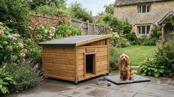 A heavy-duty pent roof wooden kennel installed in a British garden, offering durable outdoor shelter for dogs. pent roof wooden kennel