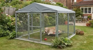 A neat, professional modular dog run kit blending seamlessly into a modern British suburban garden landscape.