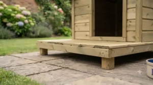 Close-up of pressure-treated timber construction on a raised dog kennel floor to prevent dampness.