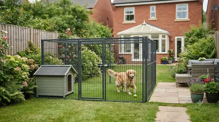 A secure metal dog run installed on a well-maintained lawn in a British back garden, providing a safe outdoor space for pets. secure dog run for garden