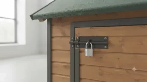 Close-up of a heavy-duty bolt lock fitted to the timber door of an apex roof dog kennel.