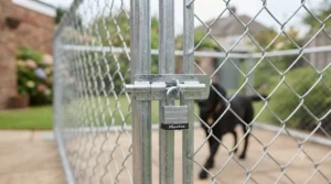 Secure lockable gate latch on a chain link dog run to prevent accidental escapes.