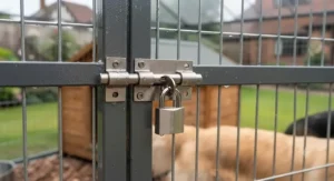 Close-up of a secure, lockable gate latch on a heavy-duty outdoor dog enclosure for safety.