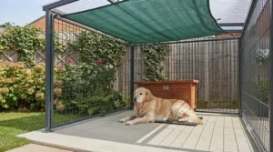 A well-ventilated covered dog run with a shaded roof canopy protecting a dog from direct summer sun.
