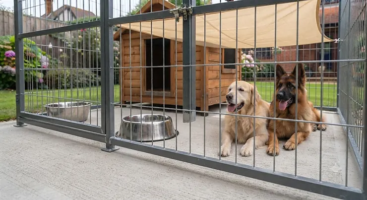 Well-ventilated outdoor dog run providing cooling shade during warm British summer months. outdoor dog enclosure for large dogs