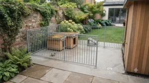 Compact concrete floor dog run fitted neatly into the corner of a typical British suburban garden