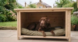 A small budget wooden dog kennel perfectly sized for a Jack Russell Terrier outdoors.