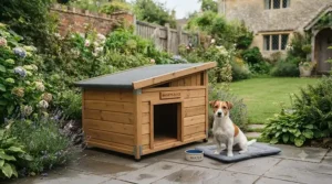 A compact pent roof wooden kennel tailored for smaller terriers and working dog breeds in a lawn setting.