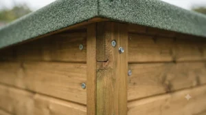 Close-up of thick, pressure-treated timber panels showing the robust construction of a heavy duty wooden dog kennel.