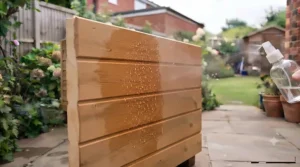Detail of the weatherproof treated timber finish on the exterior walls of a wooden dog kennel.