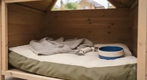 Applying pet-safe wood stain to protect an affordable timber dog kennel from rain and rot.