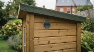 Rear ventilation flap on a heavy duty wooden dog kennel ensuring proper airflow during warmer summer months.