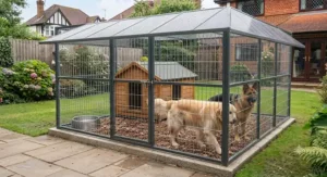 Weatherproof outdoor dog enclosure with a protective roof canopy shielding against British rain and winter weather.