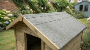 Sloped mineral felt roof on an outdoor wooden dog house designed to withstand heavy British rainfall.