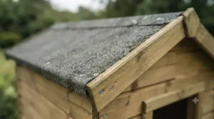 Angled view of a weatherproof wooden dog kennel featuring a sloping felt roof to shed rain effectively.