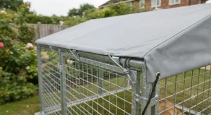 A weather-proof canopy roof fitted over a modular dog run kit to protect dogs from rain and sun.