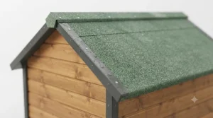 Close-up of mineral felt roofing on an apex roof dog kennel, designed to withstand heavy British rainfall.