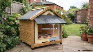 Close-up of the sloping felt roof on a wooden dog kennel designed to shed British rain effectively.