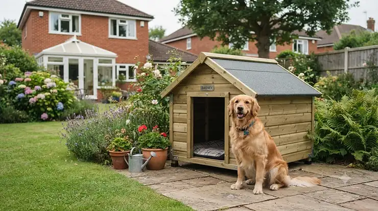 A sturdy weatherproof wooden dog kennel set up in a lush green British garden, providing outdoor shelter for a pet. weatherproof wooden dog kennel