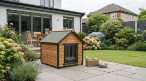 A tan-stained apex roof dog kennel positioned neatly on a paved patio beside a well-kept lawn.
