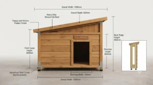 Technical specification diagram showing the height and depth measurements of a pent roof wooden dog kennel for UK backyards.