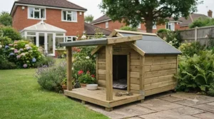 A wooden dog kennel with an extended front porch overhang offering extra shelter from wind and rain.