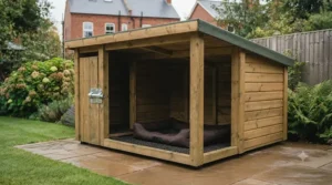 Heavy duty wooden dog kennel featuring an extended covered porch area to protect dogs from wind and rain.