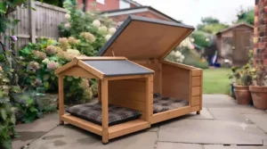 A large wooden dog kennel featuring an extended covered porch area for outdoor lounging out of the wind.