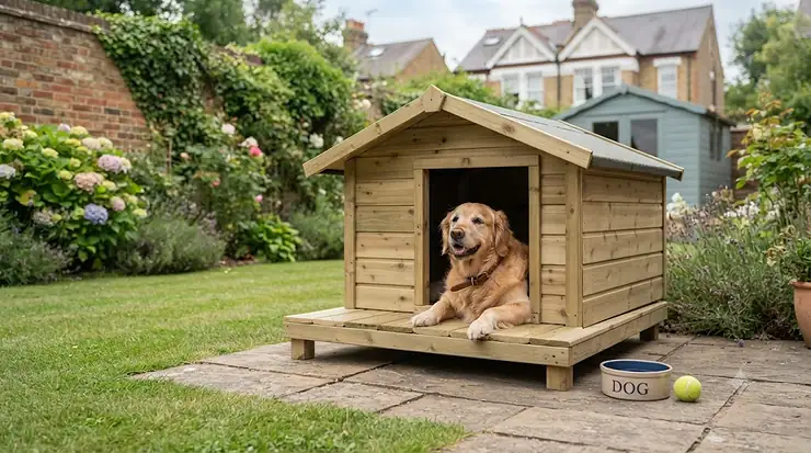 Weatherproof wooden dog kennel with a raised floor, suitable for British gardens and lawns. wooden dog kennel with raised floor