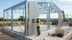 Workers assembling the framework during the kennel block construction of a multi-unit dog kennel system.